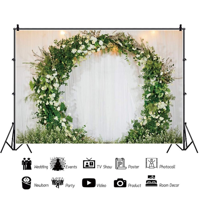 Haoyiyi 10x8ft Wedding Backdrop Sheer Tulle Curtain Backdrop Arch Green Wreath Garland Background Photography Photo Couple Fiancee Proposal Bridal Shower Valentine's Day Digital Portrait - Image 2